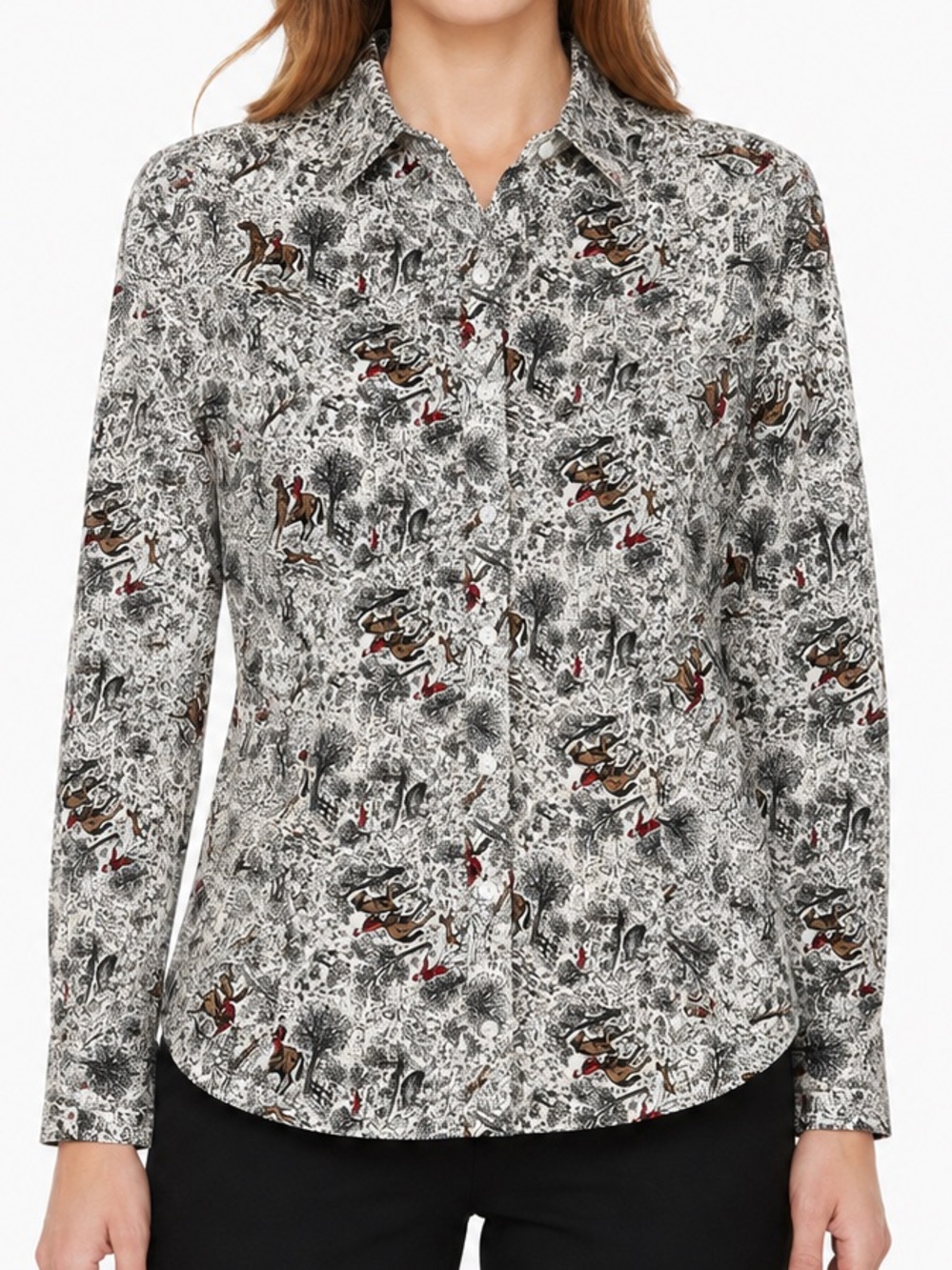 Talbots Equestrian Toile Button Down Shirt Horse Print Size 6